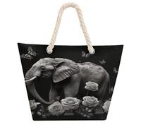 DJUETRUI Elephant And Butterfly Large Capacity Jute Tote Bag with Thick Cotton Rope Handles, Eco Friendly Reusable Burlap Shopping Bag for Grocery Beach Picnic Daily Use