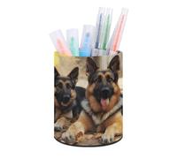 DJUETRUI German Shepherd Dog Pen Holder Premium Durable PU Leather Cylindrical Pencil Cup Multi-functional Round Desktop Organizer for Workspace Vanity Counter Home Office Bathroom Storage