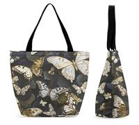 DJUETRUI Gold White Butterflies Black Large Oxford Cloth Tote Bag for Women, Durable Zippered Shoulder Handbag with Inner Pocket, Multi-purpose Shopping Bag for Work Travel Daily Errands Reusable Bag