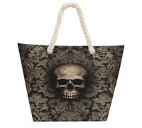 DJUETRUI Gothic Wallpaper Skull Large Capacity Jute Tote Bag with Thick Cotton Rope Handles, Eco Friendly Reusable Burlap Shopping Bag for Grocery Beach Picnic Daily Use
