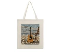 DJUETRUI Guitar on The Beach Cotton Polyester Blend Canvas Carryall Bag | Guitar on The Beach Reusable Fabric Handbag for Grocery Travel Daily Errands Multipurpose Storage Carry Tote
