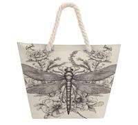 DJUETRUI Hand Drawn Floral Dragonfly Large Capacity Jute Tote Bag with Thick Cotton Rope Handles, Eco Friendly Reusable Burlap Shopping Bag for Grocery Beach Picnic Daily Use
