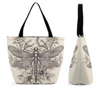 DJUETRUI Hand Drawn Floral Dragonfly Large Oxford Cloth Tote Bag for Women, Durable Zippered Shoulder Handbag with Inner Pocket, Multi-purpose Shopping Bag for Work Travel Daily Errands Reusable Bag