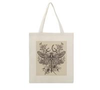 DJUETRUI Hand Drawn Floral Dragonfly Reusable Canvas Tote Bag Large Capacity Cotton Hand Bag Portable Grocery Bag for Shopping Travel