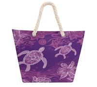 DJUETRUI Hawaii with Purple Sea Turtle Large Capacity Jute Tote Bag with Thick Cotton Rope Handles, Eco Friendly Reusable Burlap Shopping Bag for Grocery Beach Picnic Daily Use