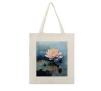 DJUETRUI Lotus Flower Painting Cotton Polyester Blend Canvas Carryall Bag | Lotus Flower Painting Reusable Fabric Handbag for Grocery Travel Daily Errands Multipurpose Storage Carry Tote