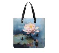 DJUETRUI Lotus Flower Painting Tote Bag Square PU Leather Shoulder Handbag Purse Multipurpose Reusable Shopping Carryall Durable Work Commute Travel Daily Casual Resistant Ladies Fashion Hand Bag
