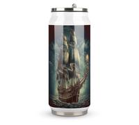 DJUETRUI Nautical Vintage Sailing Pirate Ship Stainless Steel Cola Cup Reusable Plastic Coke Cup Leakproof Portable Soda Cup Large Capacity Iced Drink Cup for Home Party