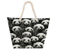 DJUETRUI Panda Graphic Black And White Large Capacity Jute Tote Bag with Thick Cotton Rope Handles, Eco Friendly Reusable Burlap Shopping Bag for Grocery Beach Picnic Daily Use