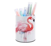 DJUETRUI Pink Flamingo Watercolor Pen Holder Premium Durable PU Leather Cylindrical Pencil Cup Multi-functional Round Desktop Organizer for Workspace Vanity Counter Home Office Bathroom Storage