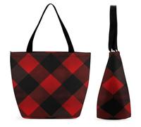 DJUETRUI Plaid Red And Black Large Oxford Cloth Tote Bag for Women, Durable Zippered Shoulder Handbag with Inner Pocket, Multi-purpose Shopping Bag for Work Travel Daily Errands Reusable Bag