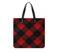 DJUETRUI Plaid Red And Black Tote Bag Square PU Leather Shoulder Handbag Purse Multipurpose Reusable Shopping Carryall Durable Work Commute Travel Daily Casual Resistant Ladies Fashion Hand Bag