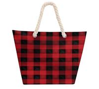DJUETRUI Red Black Buffalo Check Plaid Pattern Large Capacity Jute Tote Bag with Thick Cotton Rope Handles, Eco Friendly Reusable Burlap Shopping Bag for Grocery Beach Picnic Daily Use