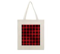 DJUETRUI Red Black Buffalo Check Plaid Pattern Reusable Canvas Tote Bag Large Capacity Cotton Hand Bag Portable Grocery Bag for Shopping Travel