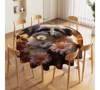 DJUETRUI Shih Tzu Dog and Flowers Round Tablecloth 60x60in Waterproof Stain Resistant Table Cloth Wipeable Washable Table Cover Farmhouse Tablecloths for Picnic Party Holiday Wedding Home