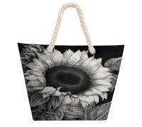 DJUETRUI Sunflower Black Grey Large Capacity Jute Tote Bag with Thick Cotton Rope Handles, Eco Friendly Reusable Burlap Shopping Bag for Grocery Beach Picnic Daily Use