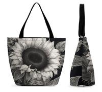 DJUETRUI Sunflower Black Grey Large Oxford Cloth Tote Bag for Women, Durable Zippered Shoulder Handbag with Inner Pocket, Multi-purpose Shopping Bag for Work Travel Daily Errands Reusable Bag