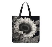 DJUETRUI Sunflower Black Grey Tote Bag Square PU Leather Shoulder Handbag Purse Multipurpose Reusable Shopping Carryall Durable Work Commute Travel Daily Casual Resistant Ladies Fashion Hand Bag