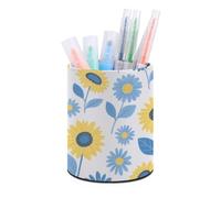 DJUETRUI Sunflower & Blue Daisy Pen Holder Premium Durable PU Leather Cylindrical Pencil Cup Multi-functional Round Desktop Organizer for Workspace Vanity Counter Home Office Bathroom Storage