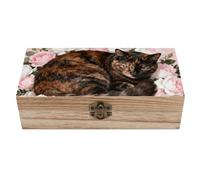 DJUETRUI Tortoiseshell Cat in Roses Wood Storage Box with Lid Solid Wood Container Box Decorative Table Large Rectangular Smooth Rustic Style Keepsake Boxes for Jewelry, Photos, Crafts & Gifts