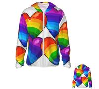 DJUETRUI Upf 50+ Sun Protection Hoodie Jacket Rainbow Colored Pride Hearts Sun Hoodie Women Lightweight Long Sleeve Sun Shirt, Black, 3XL