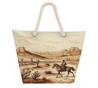 DJUETRUI West Desert Cactus with Cowboys Riding Horses Large Capacity Jute Tote Bag with Thick Cotton Rope Handles, Eco Friendly Reusable Burlap Shopping Bag for Grocery Beach Picnic Daily Use