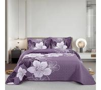 DJY 3 Pieces Quilt Set King Dark Purple Floral Pattern Quilt Coverlet Set Elegant Boho Bedspread with 2 Pillow Cases Soft Microfiber Botanical Bedding Quilt Set for Teens Adults 90"x 104"