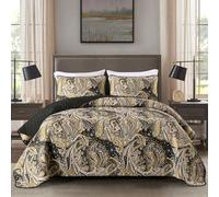 DJY Black Paisley Quilt Set Queen Black and Gold Boho Bedspread Coverlet Set 3 Pieces, Soft Lightweight Microfiber Paisley Floral Pattern Bedding for All Season, 96"x90"