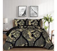 DJY Black Quilt Set King Size, Boho Gold Damask Bedspread Coverlet Set Soft Lightweight Microfiber Bedding Set 3 Pieces for All Season (104"x90")