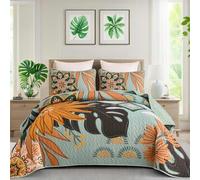DJY Boho Floral Quilt Set King Size Botanical Sage Green Bedspread Coverlet 3 Piece, Reversible Lightweight Farmhouse Bohemian Leaves Microfiber Bedding Quilts Set for All Season, 110''x90''