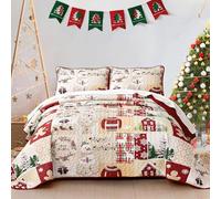 DJY Christmas Quilt Set King Size, Gingerbread Snowman Patchwork Bedspread Coverlet Set 3 Pieces Red Plaid Quilt Festive New Year Rustic Lodge Bedding Set (104"x90")