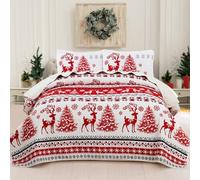 DJY Christmas Reindeer Quilt Set King Size 3-Piece Bedding Set, Reversible Bedspread with 2 Pillowshams, Christmas Trees, Reindeer, Snowflake Pattern, 104" x 90”