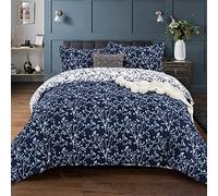 DJY Floral Duvet Cover Navy White Reversible Bedding Set with 2 Pillowcases Soft Microfiber Duvet Cover Set with Zipper Closure for Adults Teens Kids (Double Size 3PCs 200x200cm)
