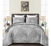 DJY Grey Quilt Set Queen Size - Branch Botanical Pattern Bedspread Coverlet Set, 3 Pieces Gray Floral Quilt Bedding Set, Soft Lightweight Microfiber Reversible Summer Quilt Set