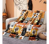 DJY Halloween Throw Blanket 150x200cm - Plaid Design with Pumpkin, Ghost, Witch, Spider & Bat on Orange - Cozy Flannel - Bed Sofa Couch Throw - Cosy Autumn Home Decor