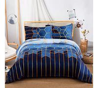 DJY King Size Duvet Cover Sets, Blue Geometric Diamond Golden Stripes Bedding Set, Reversible Breathable Design with Hidden Zipper (King, 220x230cm)