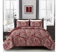 DJY Red Paisley Quilt Set King Size Boho Quilt Bedspread Set 3 Pieces, Soft Lightweight Microfiber Coverlet Set Paisley Floral Pattern Bedding for All Season, Rust Red 104''x90''