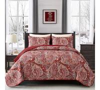 DJY Red Paisley Quilt Set Queen Size Boho Quilt Bedspread Set 3 Pieces, Soft Lightweight Microfiber Coverlet Set Paisley Floral Pattern Bedding for All Season, 96''x90''
