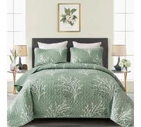 DJY Sage Green Quilt Set Full Size, Branch Botanical Pattern Bedspread Coverlet Set, 3 Piece Microfiber Green Floral Quilt Bedding Set Lightweight Summer Bedspread for All Season, 80''x90''