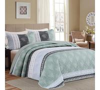 DJY Stripe Quilt Set King Size Sage Green Bedspread Coverlet Set 3 Pieces Boho Branch Floral Pattern Quilted Bedding Set, Soft Lightweight Bed Cover for All Season (110''x90'')