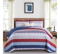 DJY Striped Quilt Set King Size, Red Blue Boho Striped Bedspread Coverlet Set 3 Pieces Lightweight Soft Microfiber Patchwork Quilt Bedding Set for All Season (104"x90")
