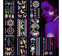 DK 10 Sheets Temporary Tattoo Stickers Night Glow in The Dark Sticker, 80+ Styles Waterproof UV Neon Stickers, Body Face Fake Tattoos for Women Men Kids Rave Festival Party