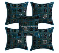 DK Homewares Decorative Sofa Cushion Covers 40cm x 40cm Turquoise Patchwork Cotton Geometric Square Living Room 16x16 Inches Indian Settee Scatter Pillowcases - Set of 5 Pcs