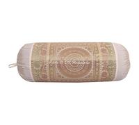 DK Homewares Ethnic Brocade Polydupion Silk Cylindrical Sofa Couch Bolster Cushion Cover White Mandala 30x15 Inch Jacquard Weave Home Decor Hotdog Pillow Case - (1 Pc)