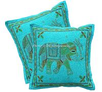 DK Homewares Ethnic Sofa Cushion Covers 40cm x 40cm Turquoise Gold Thread Embroidered Cotton Elephant Square Living Room 16x16 Inches Decorative Settee Scatter Pillowcases - Set of 2 Pcs