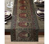 DK Homewares Indian Decorative Brocade Table Runner 150 cm Long Bohemian For Dresser Black And Gold Jacquard Dancing Peacock Floral Rectangle 5 Ft Home Decor Tablecloth (40x150 cm)