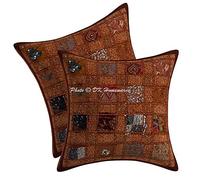 DK Homewares Indian Sofa Cushion Covers 40cm x 40cm Brown Patchwork Cotton Geometric Square Living Room 16x16 Inches Ethnic Settee Scatter Pillowcases - Set of 2 Pcs