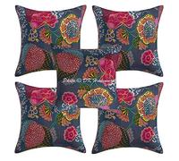DK Homewares Indian Sofa Cushion Covers 40cm x 40cm Grey Kantha Cotton Tropicana Square Living Room 16x16 Inches Ethnic Settee Scatter Pillowcases - Set of 5 Pcs