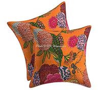 DK Homewares Indian Sofa Cushion Covers 40cm x 40cm Light Orange Kantha Cotton Tropicana Square Living Room 16x16 Inches Ethnic Settee Scatter Pillowcases - Set of 2 Pcs