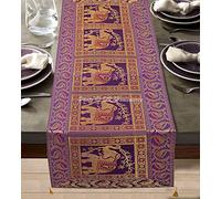 DK Homewares Traditional Decorative Brocade Satin Table Runner 150 cm Long Boho Jacquard With Tassels Purple And Gold Kitchen Centerpiece Elephant Floral Rectangle 5 Ft Tablecloth (40x150 cm)